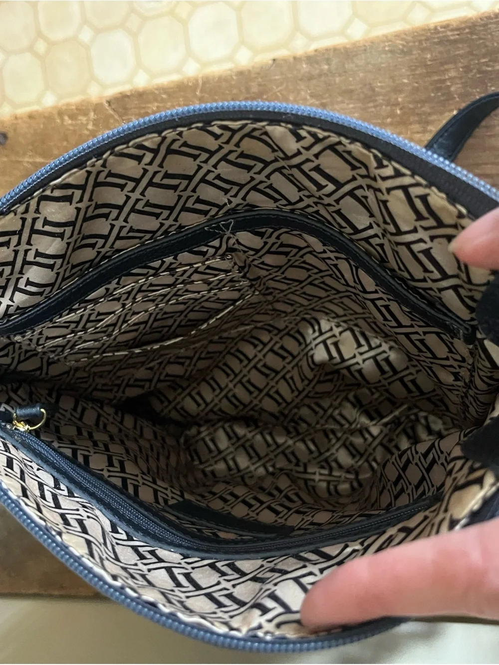 Tignanello Leather Metallic Dark Blue Crossbody with Gold Accents